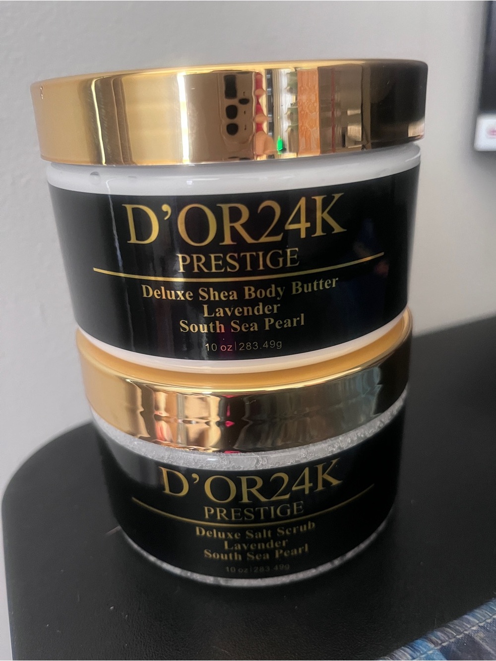 D'OR24K Prestige Deluxe Lavender Shea Body Butter & Salt Scrub - Both! 10 oz ea